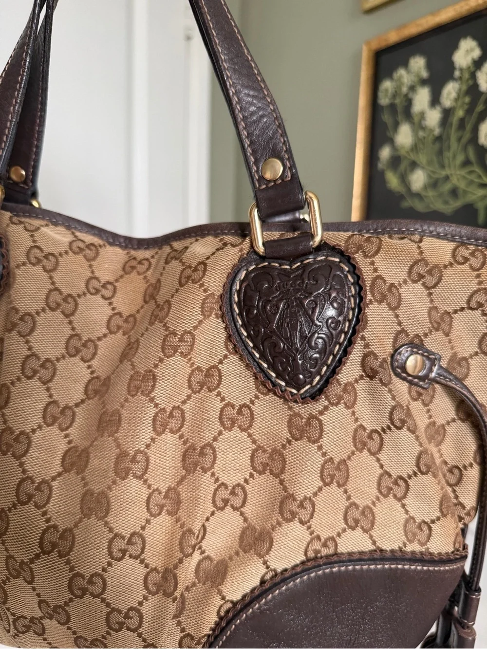 Gucci Tribeca Beige and Dark Brown GG Canvas Tote with Tassels